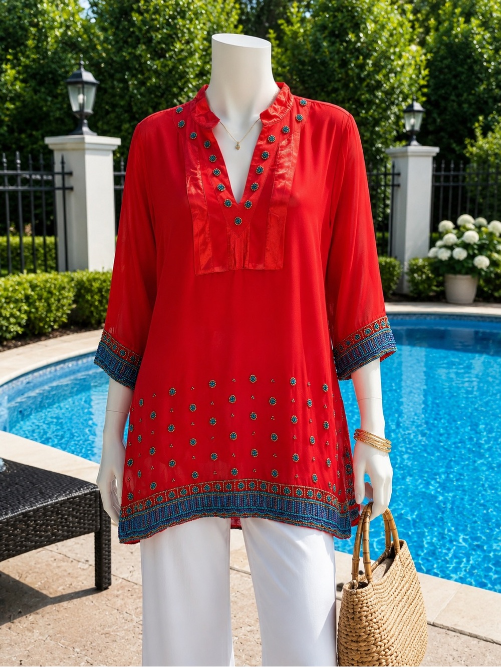 Soft Surroundings Red Embellished V-Neck Tunic Top or Dress M